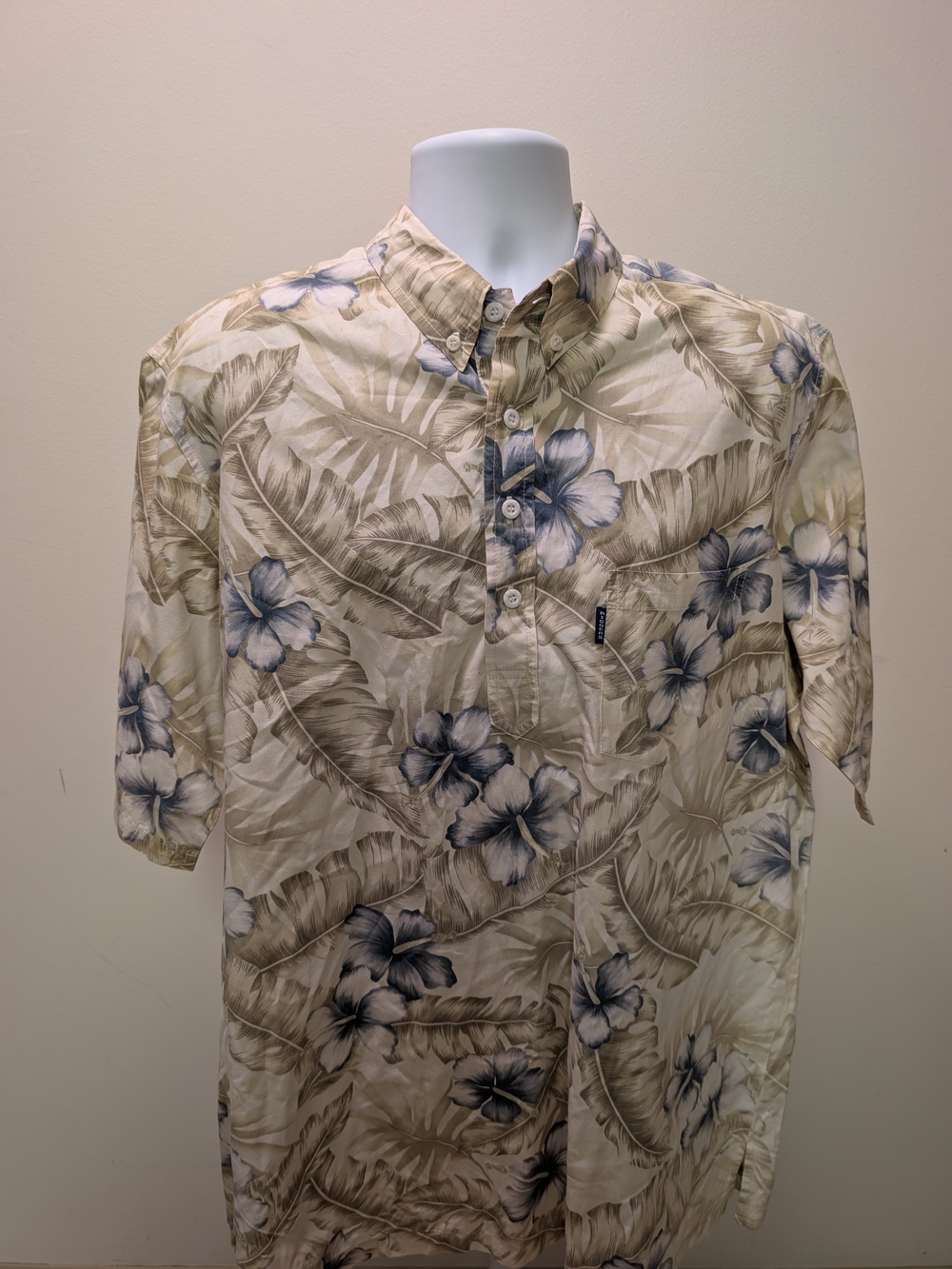 Beige Tropical Floral Button-Down Shirt with Blue Flowers